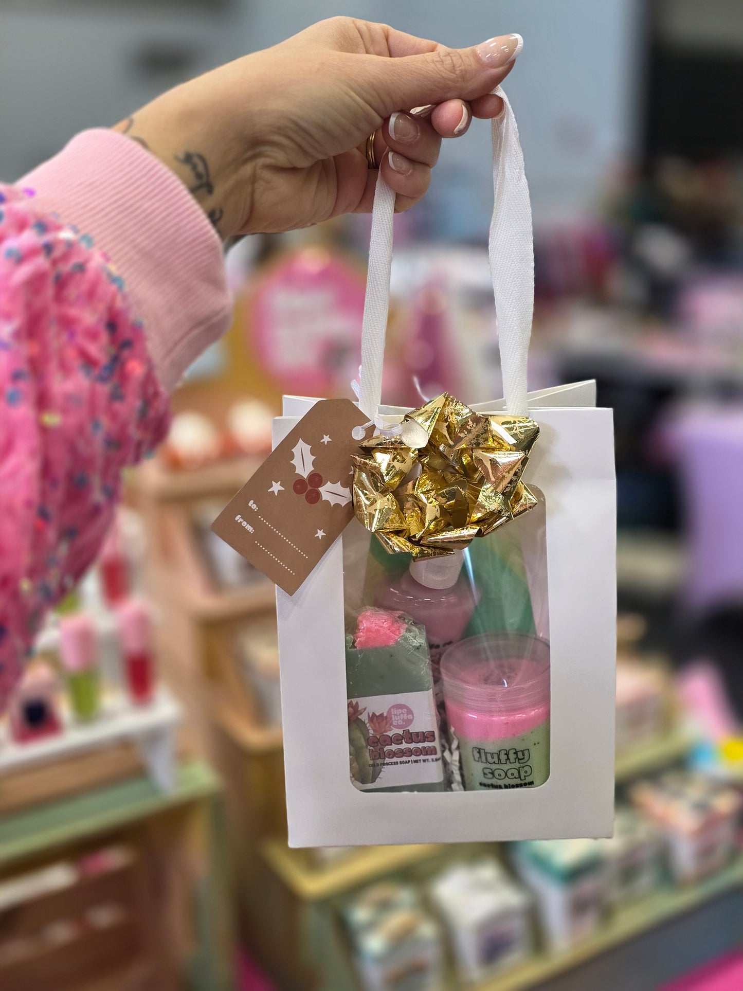 Cactus Blossom Self-Care Gift Set – Fluffy Soap, Lotion, Bar Soap & Mesh Soap Bag | Pink & Green Holiday Spa Gift Box | Handmade by Lipe Luffa Co.