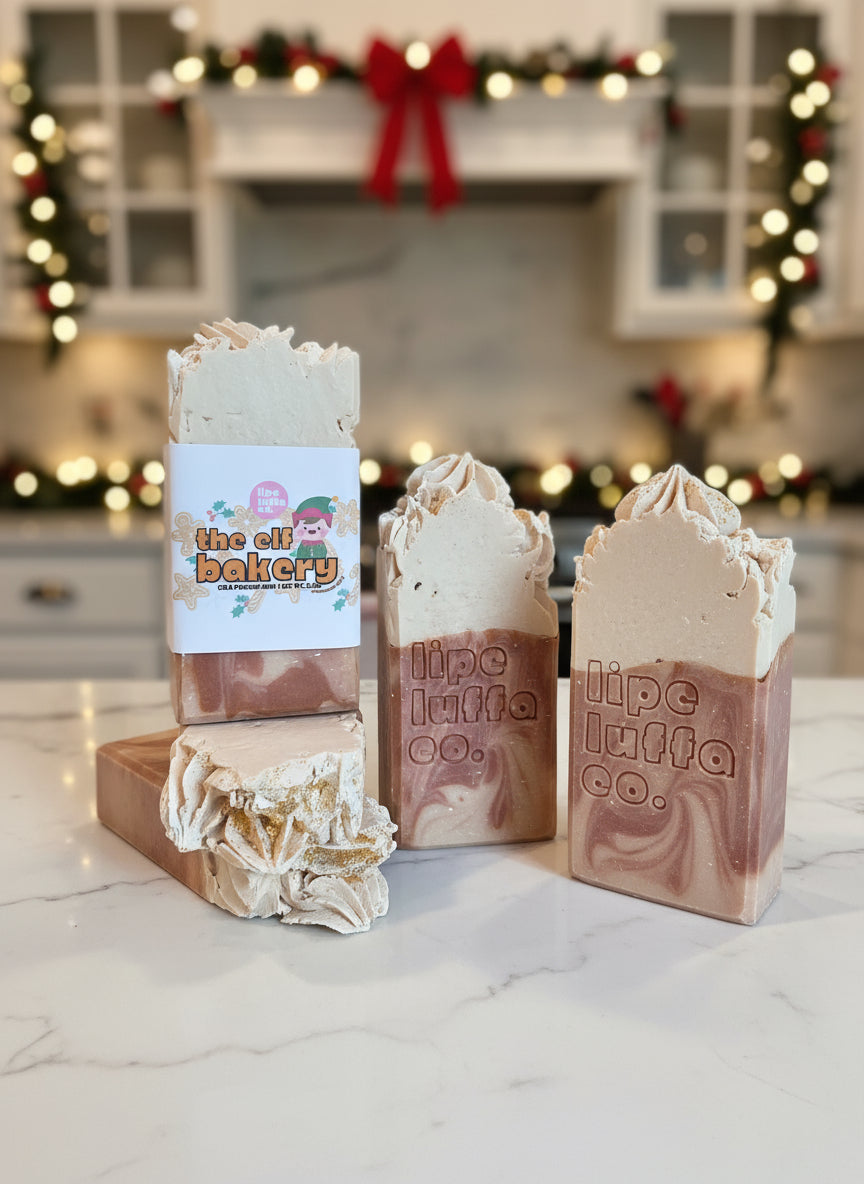 Handmade_Christmas_bakery_soap_with_whipped_frosting_top_and_pumpkin_spice_scent_Elf_Bakery_holiday_soap